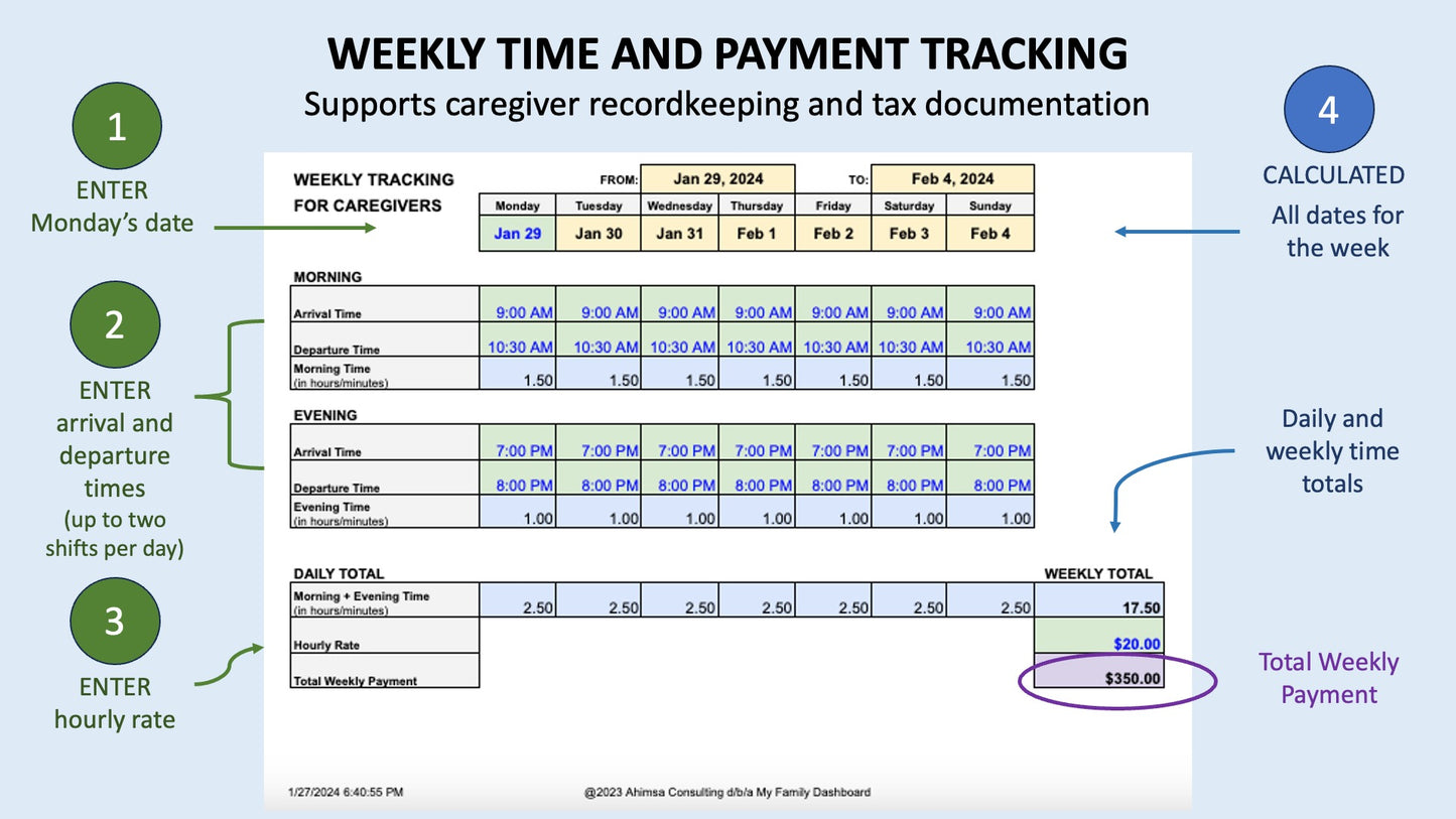 Weekly Tracking for Caregivers (Google Sheets or Microsoft Excel)